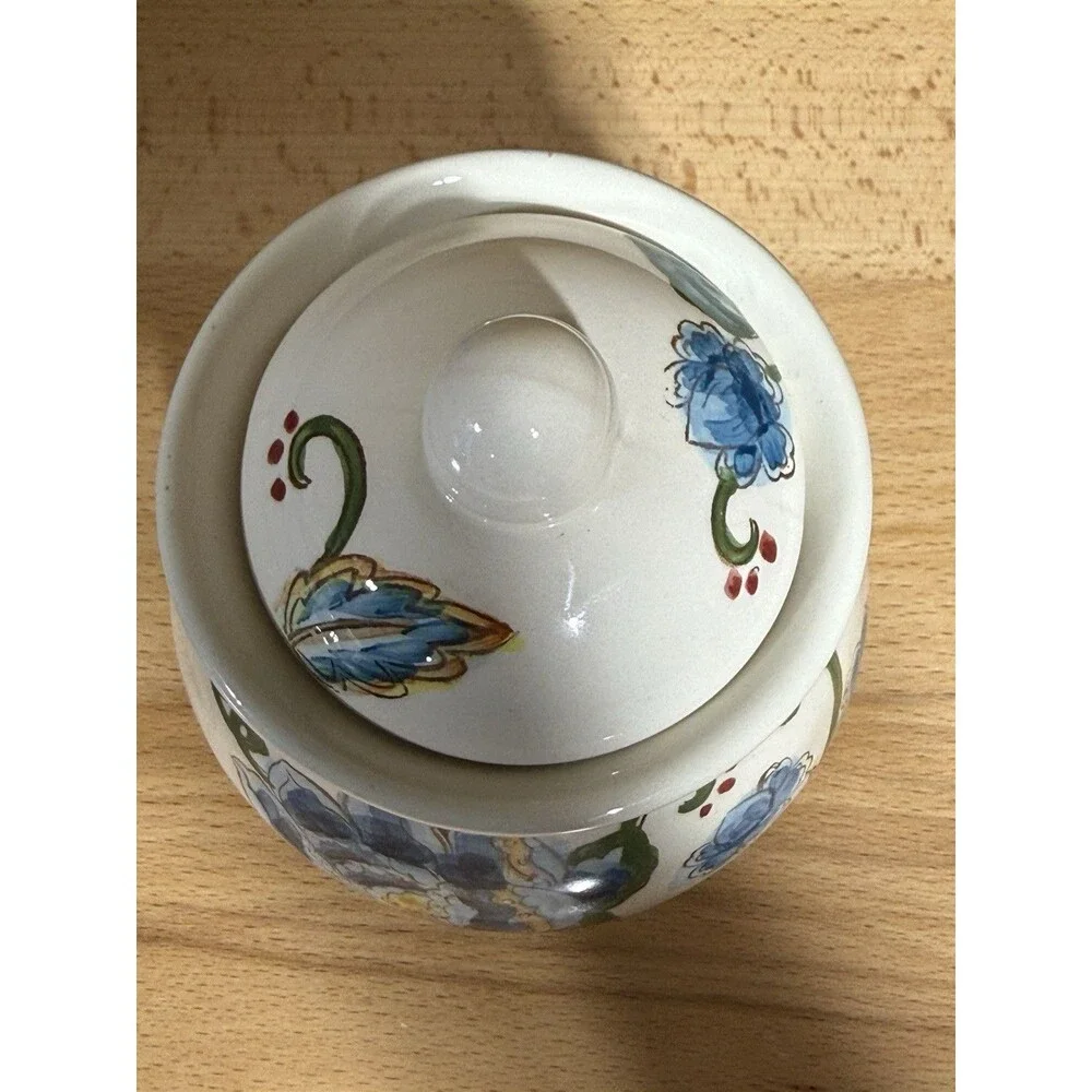 🔥RARE- Maxcera Blue Jacquard Rouge Canister/cookie Jar Floral Motifs Hand Paint